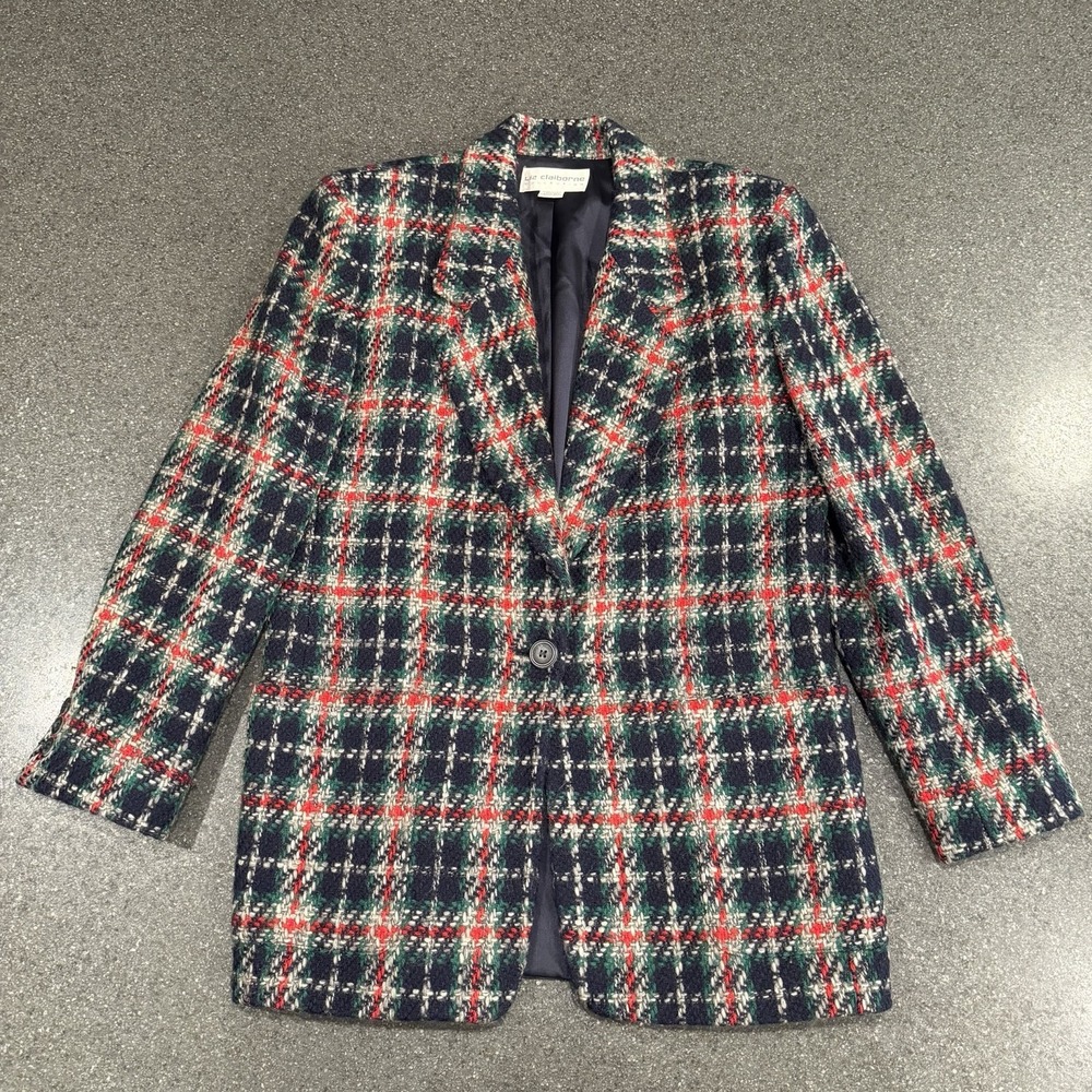 Vintage Liz Claiborne‎ Wool Blue Red Plaid Tweed Blazer Size 10 Union Made